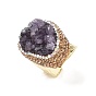 Natural Amethyst Druzy Open Cuff Ring with Rhinestone, Light Gold Plated Brass Wide Ring for Men Women, Cadmium Free & Lead Free