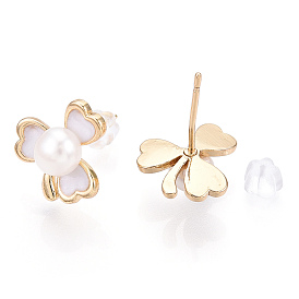 Clover Natural Pearl Stud Earrings with Enamel, Brass Earring with 925 Sterling Silver Pins