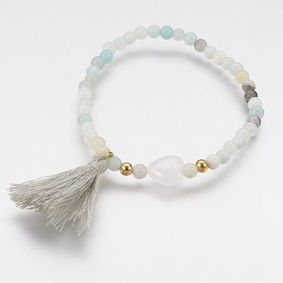 Cotton Thread Tassel Charm Bracelets, with Natural Gemstone Beads and Brass Beads