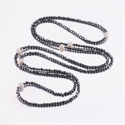 Немагнитные синтетические гематитовые двухуровневые ожерелья, слоистые ожерелья, с жемчугом из раковины 