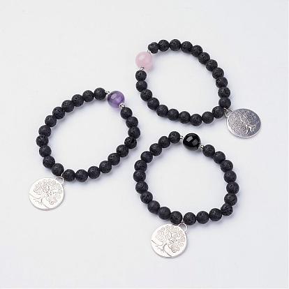 Alloy Charm Bracelets, with Natural Lava Rock Beads and other Gemstone Beads