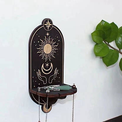Decoraciones de pared de madera con patrón de sol/luna/palma, estante flotante, candelabro colgante, soporte para péndulo de radiestesia, negro