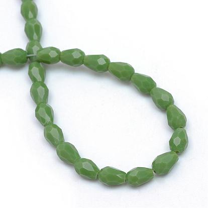 Opaque Solid Glass Bead Strands, Faceted Teardrop, 5x3mm, Hole: 1mm, about 100pcs/strand, 19.3 inch