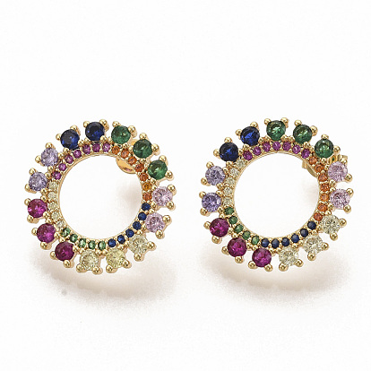 Brass Micro Pave Colorful Cubic Zirconia Stud Earrings, with Earring Backs, Round Ring, Real 16K Gold Plated