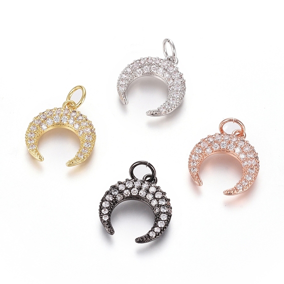 Brass Micro Pave Cubic Zirconia Pendants, with Jump Ring, Long-Lasting Plated, Double Horn/Crescent