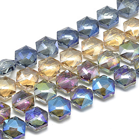 Electroplate Glass Beads Strands, Rainbow Plated, Faceted, Hexagon