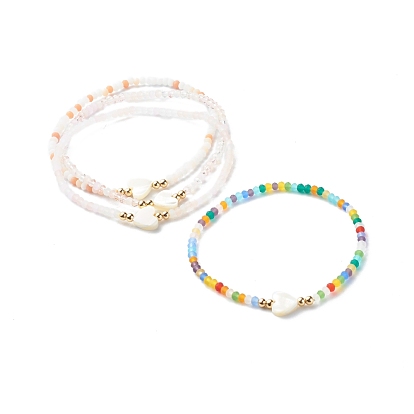 Bracelets extensibles perles à facettes en verre, avec des perles de coeur en coquille de trochidée naturelle et des perles en laiton