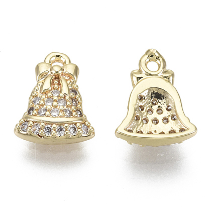 Brass Micro Pave Clear Cubic Zirconia Charms, for Christmas, Nickel Free, Bell