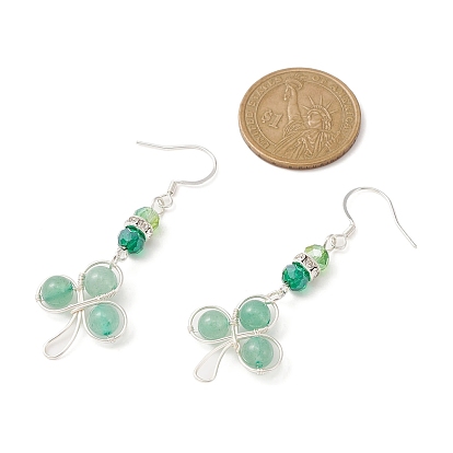 Boucles d'oreilles pendantes en aventurine verte naturelle et trèfle en perles de verre, 304 boucles d'oreilles en fil d'acier inoxydable