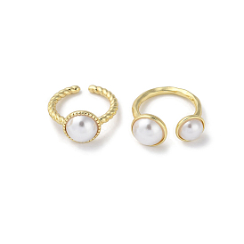 Rack Plating Brass Open Ring, Plastic Pearl Cuff Finger Ring for Women, Long-Lasting Plated, Lead Free & Cadmium Free