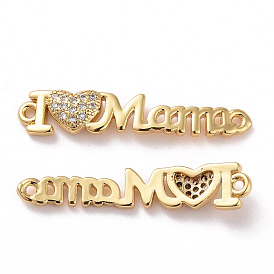 Mother's Day Brass Micro Pave Clear Cubic Zirconia Connector Charms, Word I Love Mama Links