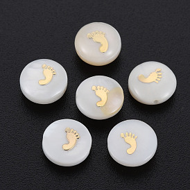 Perles de coquillages naturels d'eau douce, avec des ornements en métal en laiton doré, rond et plat avec le pied