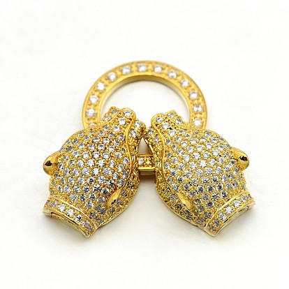 Brass Micro Pave Cubic Zirconia Fold Over Clasps, Leopard Head, Cadmium Free & Lead Free