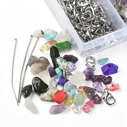 Kit de fabrication de porte-clés de pierres précieuses bricolage, y compris des éclats de pierre mélangés naturels et synthétiques et des perles de verre, fermoirs en alliage, 304 broches à tête plate en acier inoxydable
