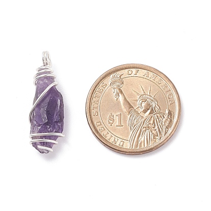 Rough Natural Amethyst Pendants, with Copper Wire Wrapped, Nuggets