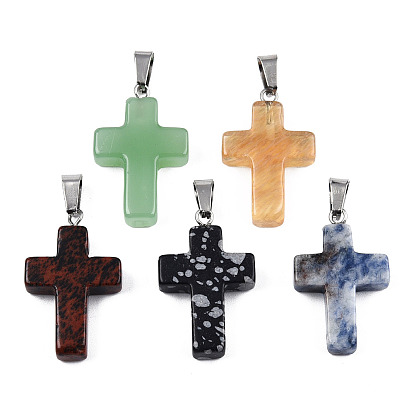 Mixed Stone Pendants, Religion Cross Charm, Dyed, with Platinum Tone 304 Stainless Steel Findings