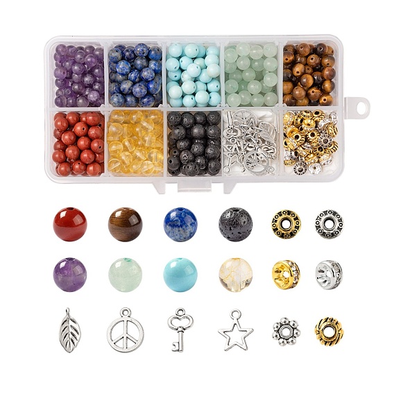 8 estilos de kits de piedras curativas de chakra yoga, con la estrella de la aleación, signo de la paz, encantos clave, granos del espaciador, para hacer pulseras de piedras preciosas de bricolaje