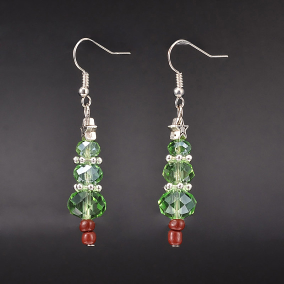 Perlas de vidrio de navidad cuelgan aretes, con fornituras de estrellas de estilo tibetano, granos de la semilla de cristal y los ganchos del pendiente de bronce, 53 mm, pin: 0.6 mm