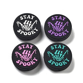 Silicone Focal Beads, DIY Nursing Necklaces Making, Flat Round with Word Stay Spooky