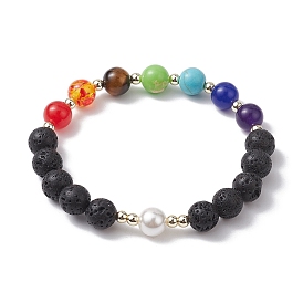 Chakra Theme Natural & Synthetic Mixed Gemstone Stretch Bracelet, with Shell Pearl Beads
