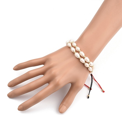 Ensembles de bracelets de perles tressées en fil de nylon réglable, avec perles de culture d'eau douce naturelles et perles en laiton, réel 18 k plaqué or
