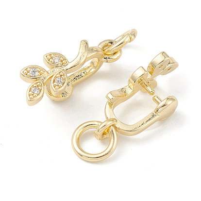 Rack Plating Brass Pave Cubic Zirconia Leaf Shape Ice Pick Pinch Bails, with Open Jump Rings, Cadmium Free & Lead Free, Long-Lasting Plated