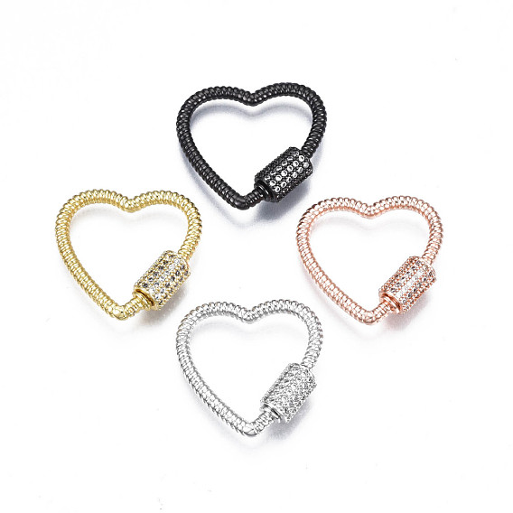 Brass Micro Pave Clear Cubic Zirconia Screw Carabiner Lock Charms, for Keychain Making, Heart
