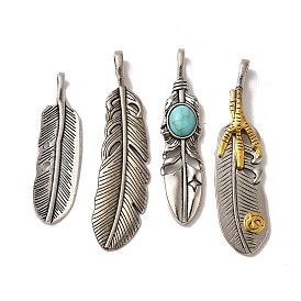4Pcs Tibetan Style Alloy Pendant Set, with Synthetic Turquoise, Cadmium Free & Lead Free, Feather