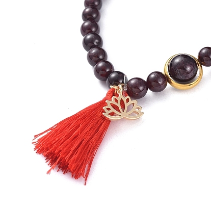 Stretch Bracelets, with Gemstone Beads, Golden Plated Brass Charms, Polyester Tassel Pendant