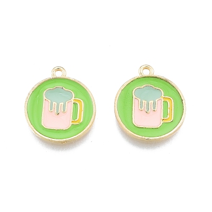 Alloy Enamel Pendants, Flat Round with Cup, Light Gold