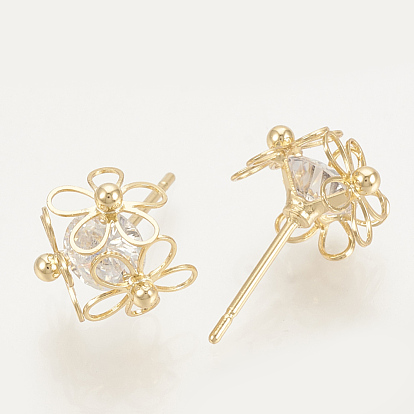 Brass Cubic Zirconia Stud Earrings, Flower, Nickel Free