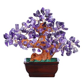 Natural Gemstone Chips Tree Display Decorations, Flowerpot with Brass Wire Wrapped Feng Shui Energy Stone Gift for Women Men Meditation