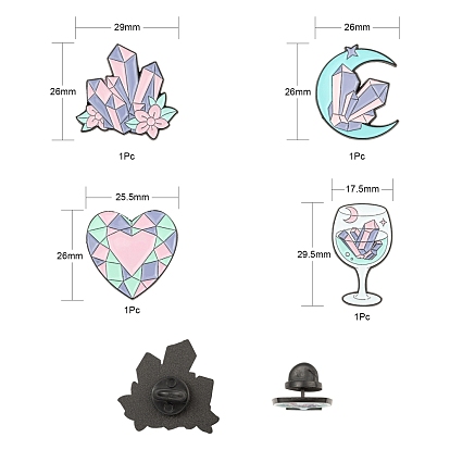4 pcs 4 broches en émail en alliage de style, broche en émail, avec embrayages papillon, coeur & fleur & lune & verre à vin, électrophorèse noir