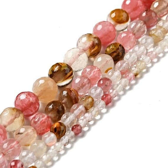 Perles de verre de quartz cerise brins, ronde, facette