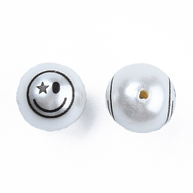 ABS Plastic Imitation Pearl Beads, with Printed, Round with Smiling Face