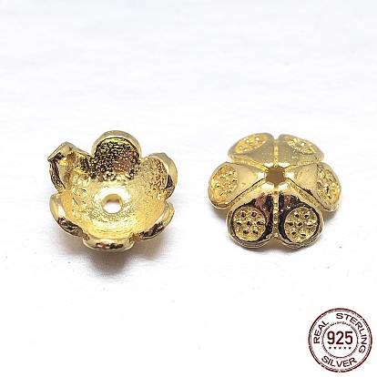 Real 18K Gold Plated 6-Petal 925 Sterling Silver Bead Caps, Flower, 7x2.5mm, Hole: 2mm, about 83pcs/20g