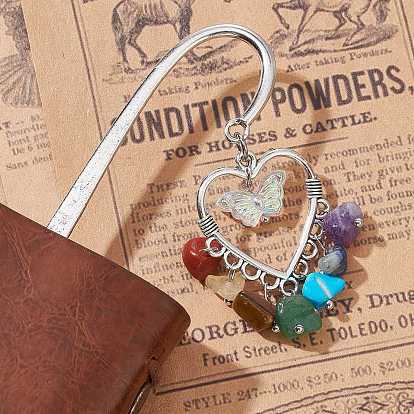 Chakra Gemstone Chip Beaded Tassel Heart Pendant Bookmark with Acrylic Butterfly, Flower Pattern Tibetan Style Alloy Hook Bookmarks