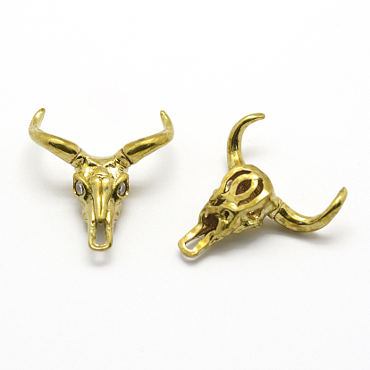 Brass Beads, with Cubic Zirconia, Cattle Skull, Cadmium Free & Nickel Free & Lead Free
