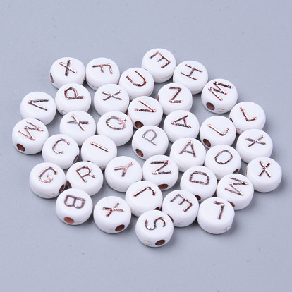 Opaque White Acrylic Beads, Metal Enlaced, Horizontal Hole, Flat Round with Random Letters