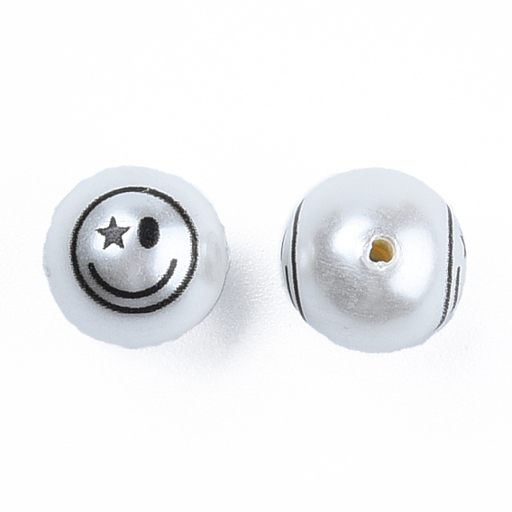 Perles de nacre en plastique ABS, avec imprimé, rond avec le visage souriant