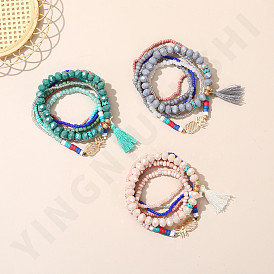 Bohemian Ethnic Crystal Tassel Bracelet - Multilayer Wrap, Mixed Color Elastic Bracelet.