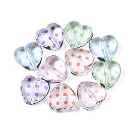 Transparent Acrylic Beads, Heart with Polka Dot Pattern