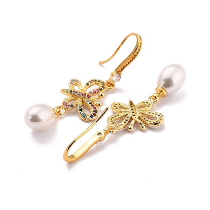 Butterfly with Imitation Pearl Beads Sparkling Cubic Zirconia Dangle Earrings for Her, Real 18K Gold Plated Brass Earrings