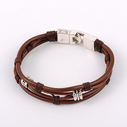 Trendy Cowhide Leather Cord Multi-strand Bracelets, with Waxed Cord, Tibetan Style Findings and Snap Lock Clasps, 210mm
