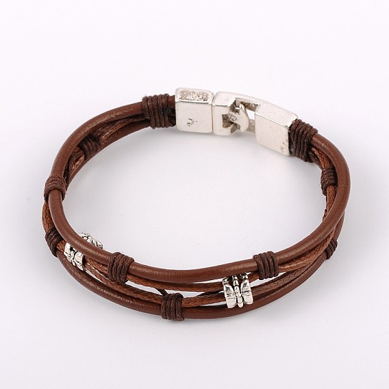 Peau de vache à la mode cordon de cuir bracelets multi-brins, avec cordon ciré, accessoires de style tibétain et fermoirs verrouillage snap, 210mm