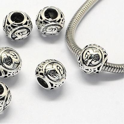 Perles européennes en alliage, perles de rondelle avec grand trou , avec constellation / signe du zodiaque, argent antique, 10.5x9mm, Trou: 4.5mm