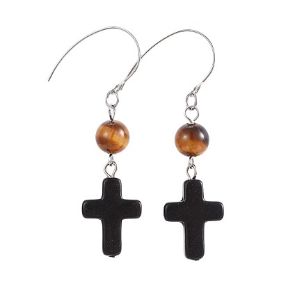 Natural Gemstone Dangle Earrings, with Synthetic Turquoise Cross and 304 Stainless Steel Earring Hooks