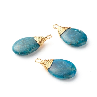 Natural Apatite Pendants, with Real 18K Gold Plated Eco-Friendly Copper Wire, Teardrop