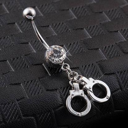 Joyería piercing real platino plateado latón rhinestone esposas anillo del ombligo anillos del vientre, 43x9 mm