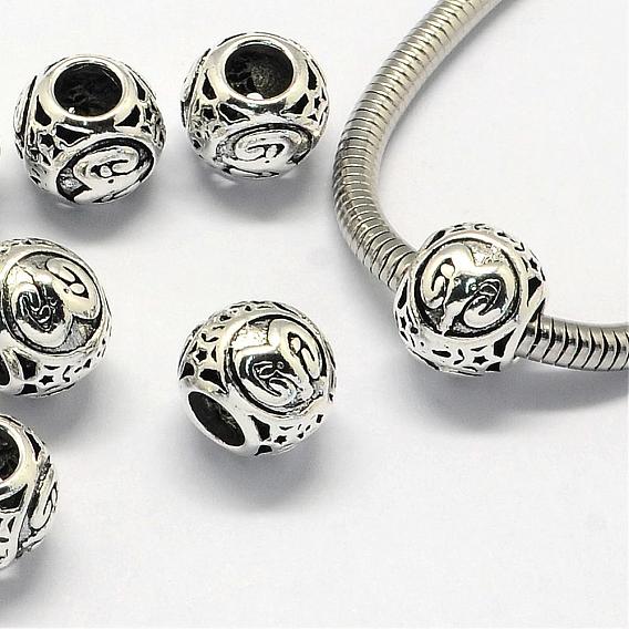 Perles européennes en alliage, perles de rondelle avec grand trou , avec constellation / signe du zodiaque, argent antique, 10.5x9mm, Trou: 4.5mm
